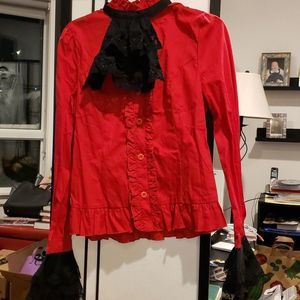 Dracula Clothing red blouse with black lace trim XL see measurements